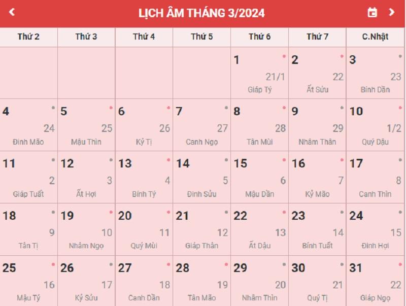 Xem lịch âm tháng 3/2024 chi tiết và đầy đủ